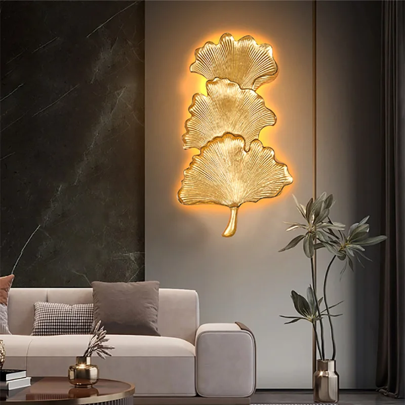 Ginkgo leaf resin wall lamp light luxury living room bedroom art TV background corridor decoration guest room hotel wall hanging