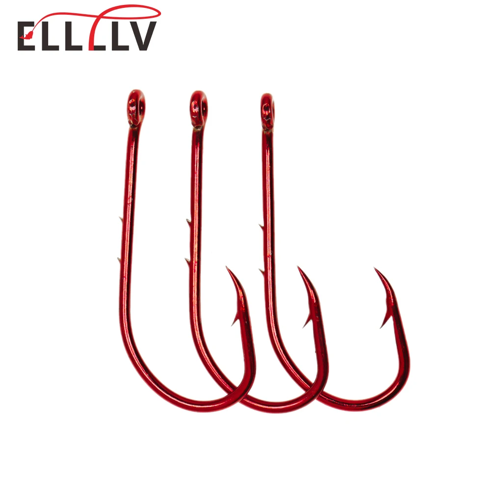 

Ellllv 20PCS 2/0 ~ 5/0 Red Baitholder Fishing Hook Long Shank Offset Narrow Live Bait Hook 2 Shank Barbs Sea Bass Fishing Tackle