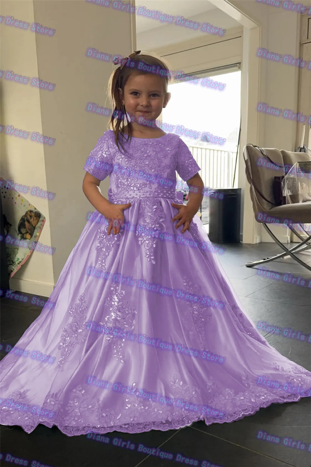 Vestido elegante de satén de alta calidad para niña, vestidos de baile de boda, bautismo con apliques delicados, vestidos de fiesta de cumpleaños para niños