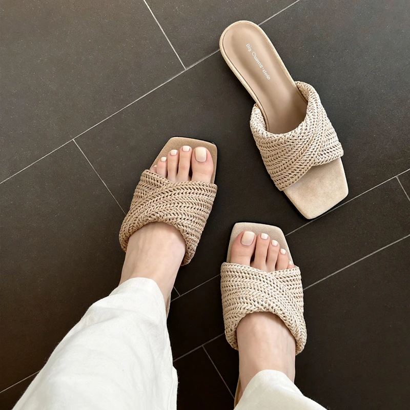 

Women's new summer genuine leather sheepskin woven slope heel, low heel, breathable open toe fish mouth shoes, fashion slippers