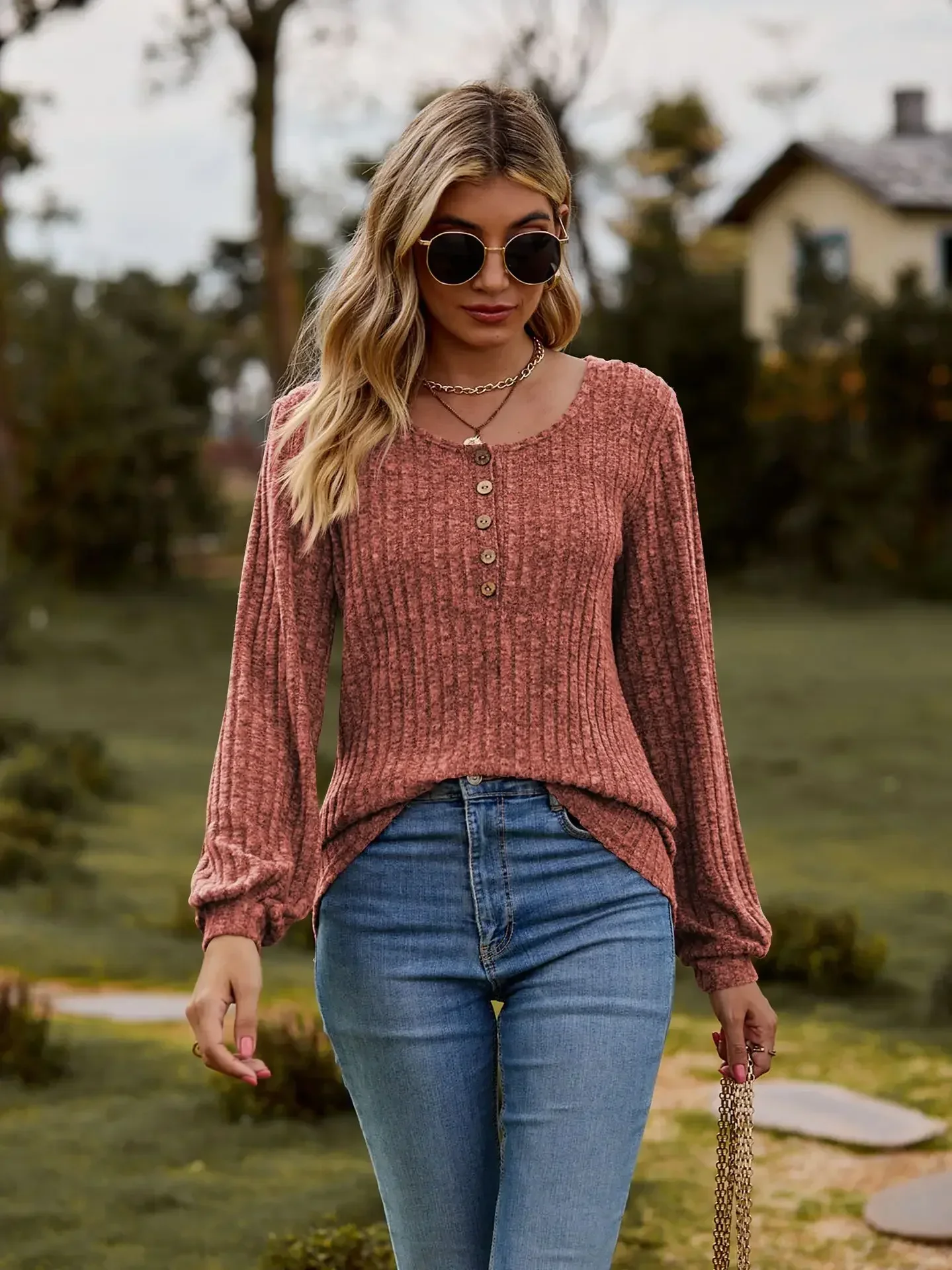 Women T-Shirts O-neck Pit Strip Wool Solid Color Button Patchwork T-shirt Women Clothing Autumn/Winter Long Sleeve Women Tops