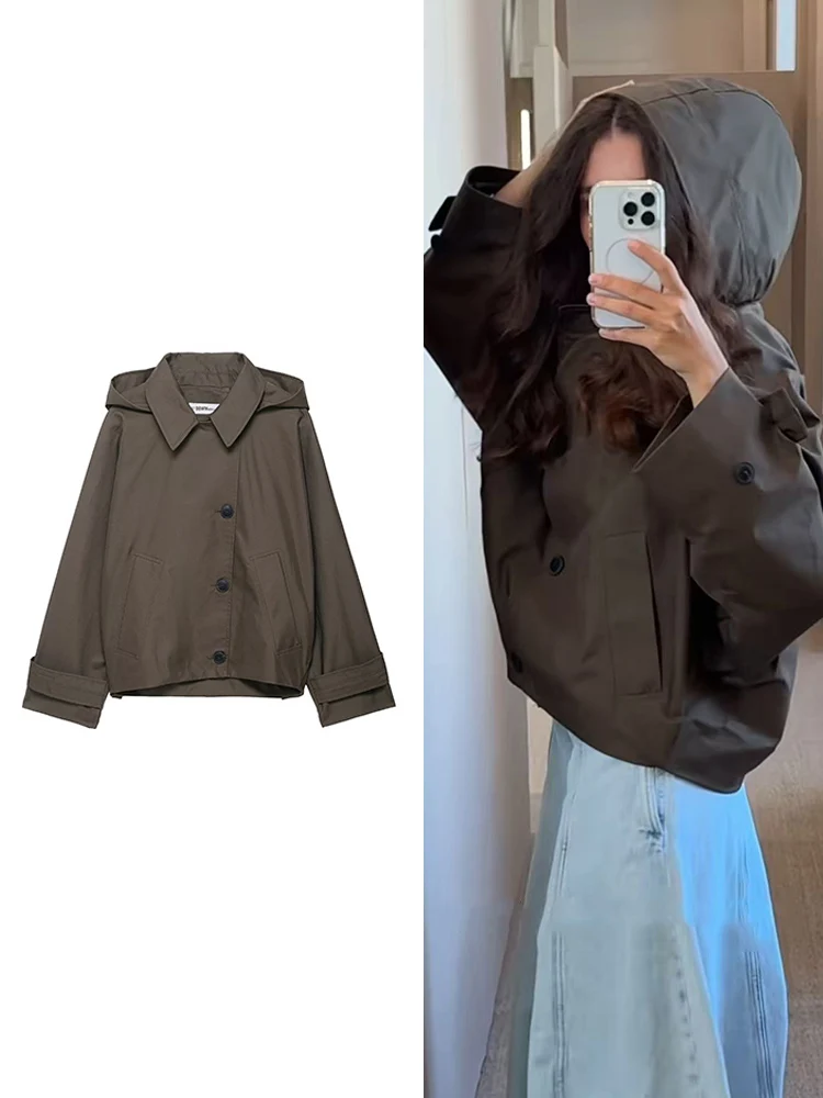

Spring Autumn Women's Oversized Hooded Short Trench Coat Long Sleeve Single Breasted Fashion Casual Female Windbreaker Jacket