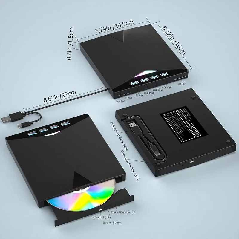 Zewnętrzny napęd CD/DVD 7 w 1 USB3.0 Type-C Przenośny odtwarzacz CD DVD RW Nagrywarka do laptopa PC Windows z gniazdami na karty SD TF