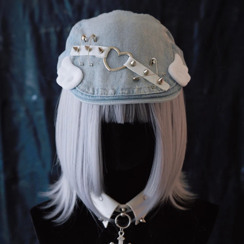 Fashion rivet denim Beret Y2k  Lolita Hat JK Hat Girl Beret Cute PU Chain Kawaii Hat for Women