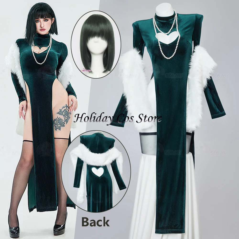 

ONE PUNCH-MAN Fubuki Cheongsam Cosplay Costume Women Sexy Dress Set High Slit Dress Shawl Stockings Necklace Halloween Party