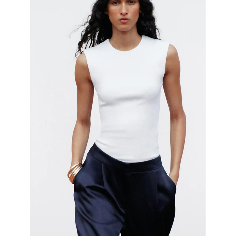 夏の新作レディースマットスレ綿混紡快適ラウンドネックトップス、マルチカラーチョイス、ファッショナブルなリブ編み