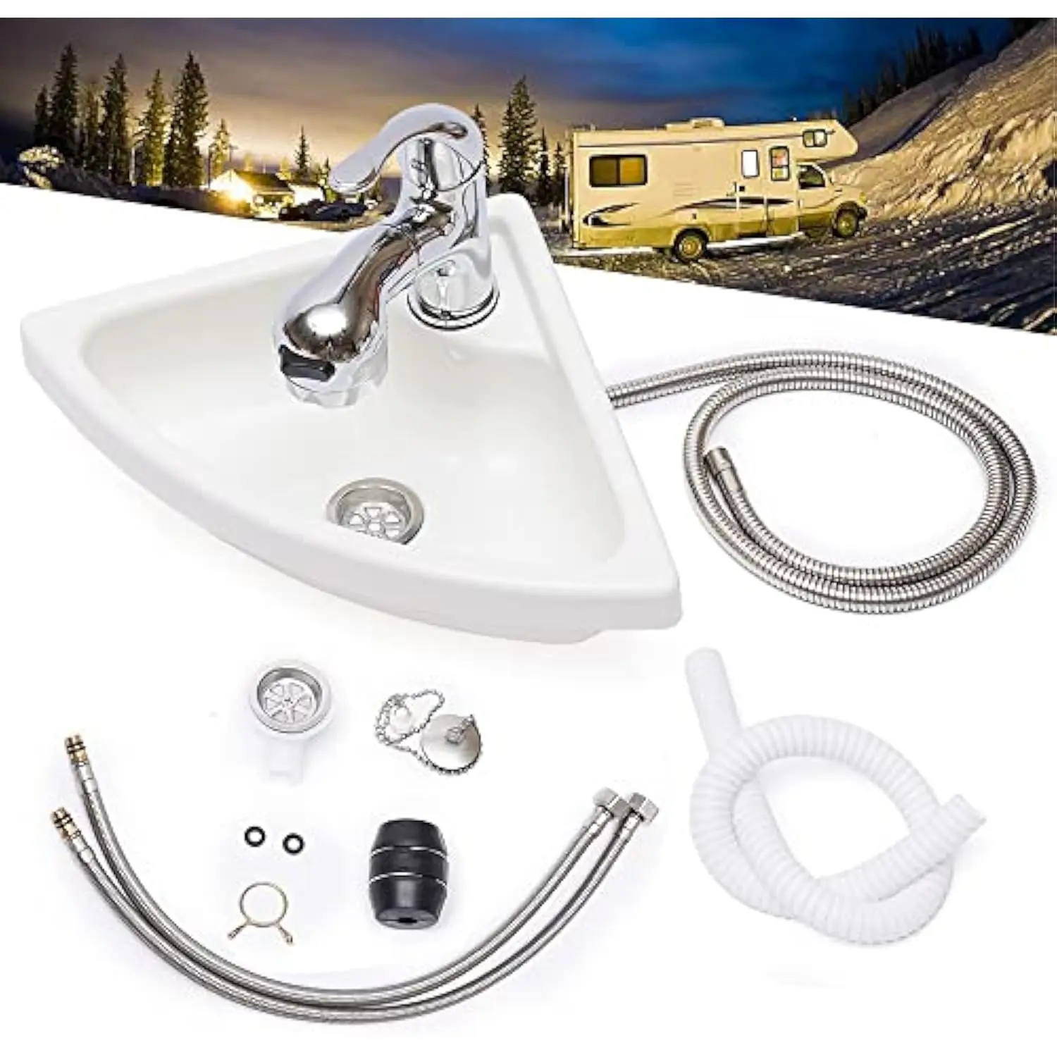 

Wall Mount Corner Bathroom Sink White Acrylic Triangle Sink With Faucet Vanity Single Bowl Sink for Boat Caravan Rv Camper Kitc