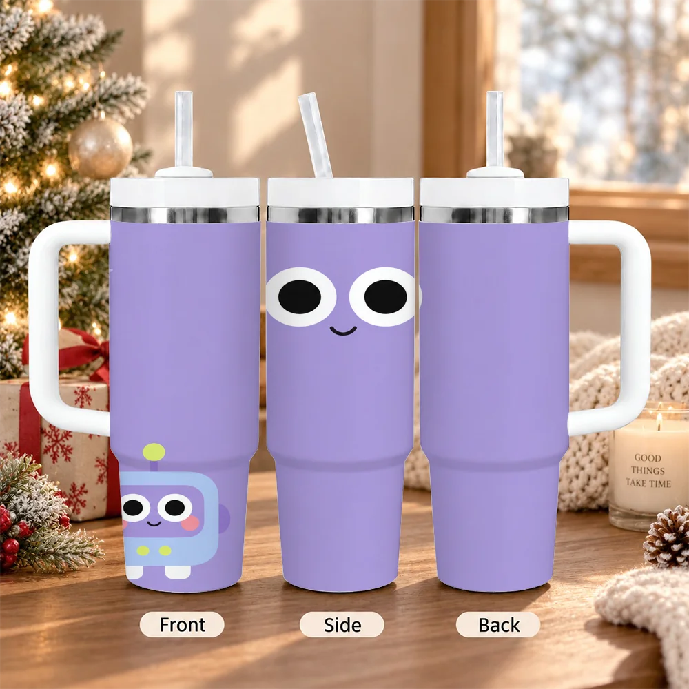 Cute Robot Purple Star 40oz Tumbler with Handle Straw Stainless Steel Insulated Travel Mug Water Cup Gift Vacuum Flasks