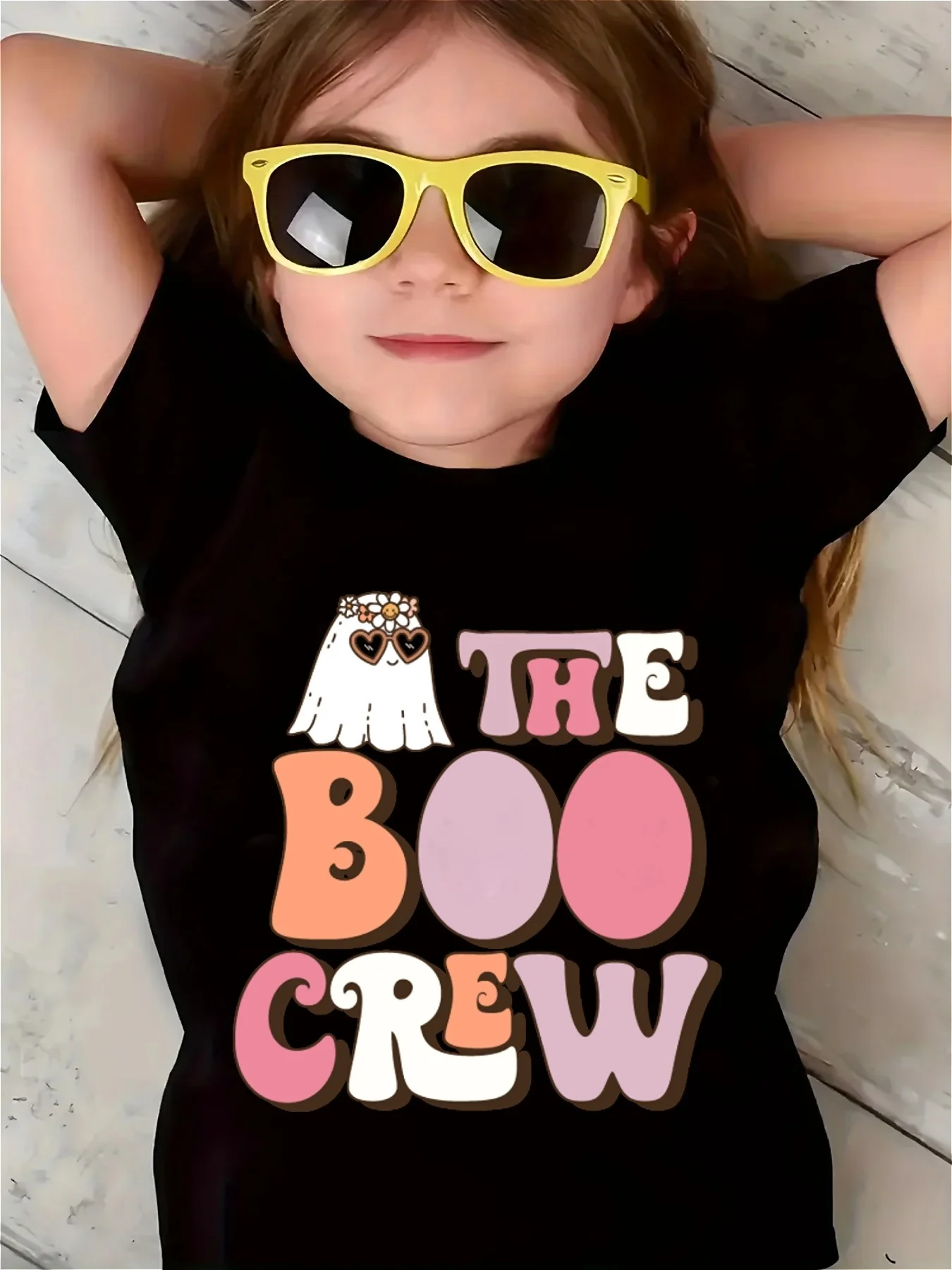 

Halloween girls' T-shirt crew letter print little ghost pattern print casual loose round neck short sleeved top