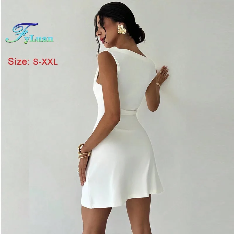 2025 moda feminina roupas vestido gola irregular sem mangas bodycon vestido branco emagrecimento mini vestido festa de aniversário vestidos de baile