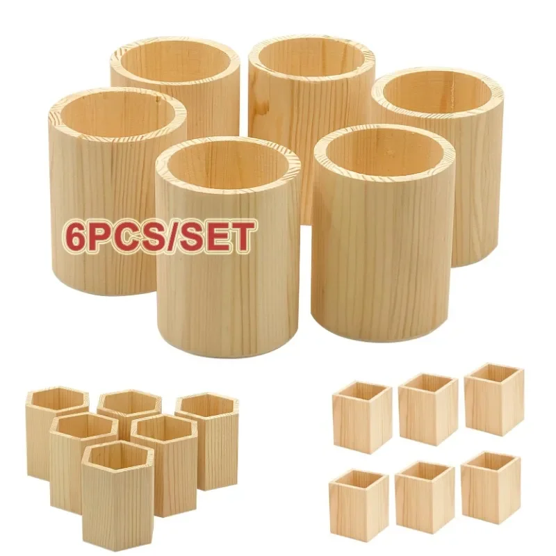 6PCS Wood Pen Holder Desk DIY Pencil Cup Makeup Brush Holder Desktop Organizer Storage Case Stationery for School Office Supply