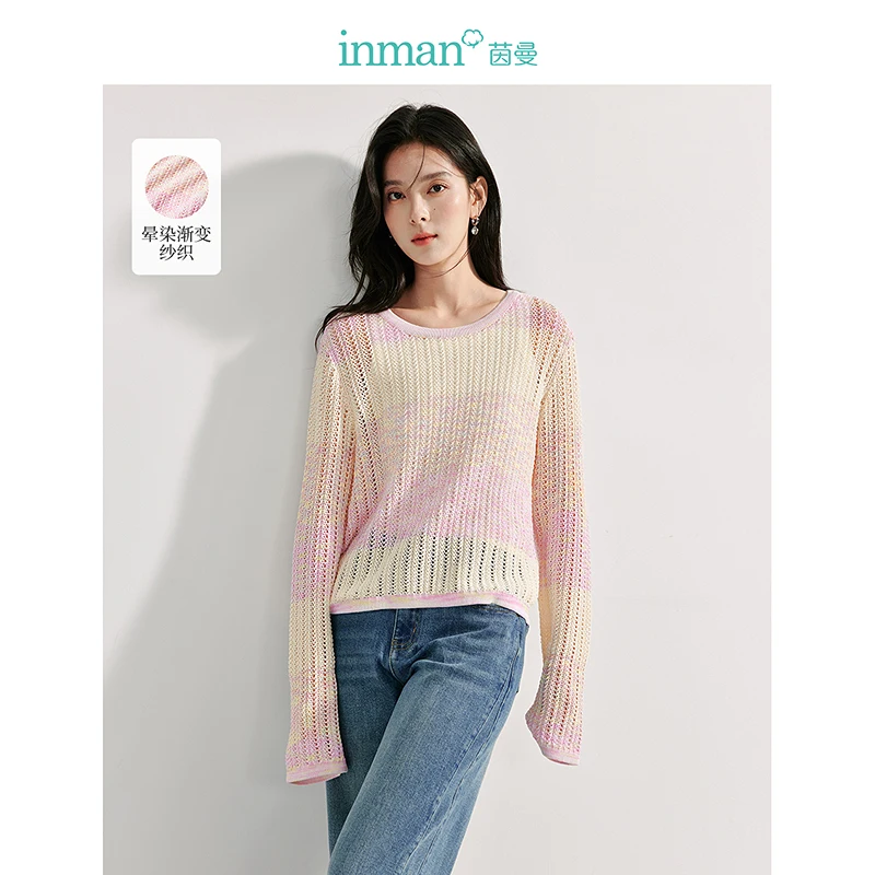 INMAN 2024 autumn winter Cardigan for women Art gradation color women\'s Knitwear crewneck loose long-sleeved short tops