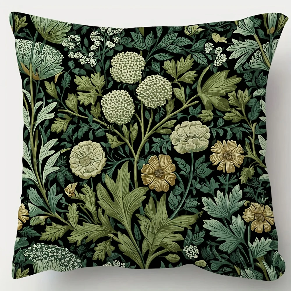 William Morris Stil Vintage Botanischer Kissenbezug Boho Grüner Blumen- und Blätterdruck Weicher Zierkissenbezug für Heim-Sofa-Dekoration Geschenk