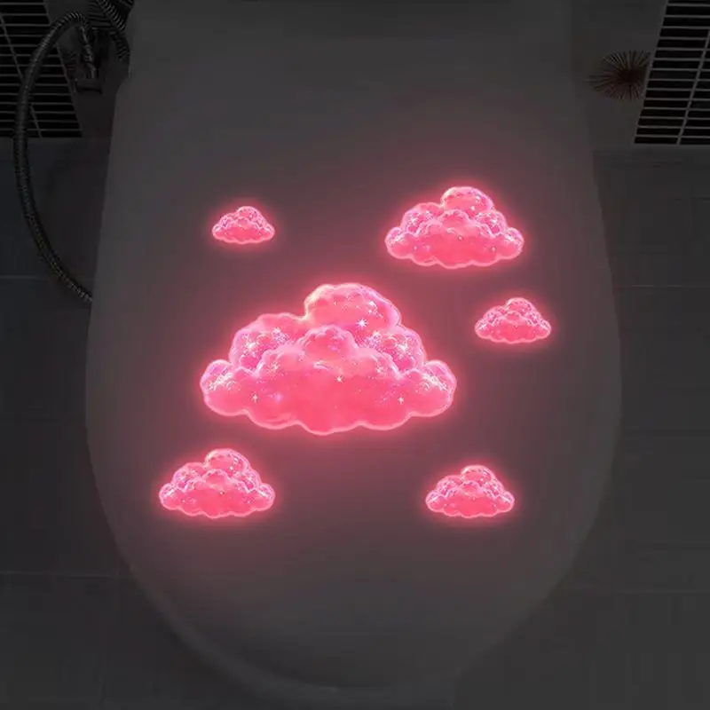 【S】Glow-in-the-Dark Pink Clouds Toilet Sticker Self-Adhesive Removable Wall Decals Luminous Whimsical Home Decor Car Sticker