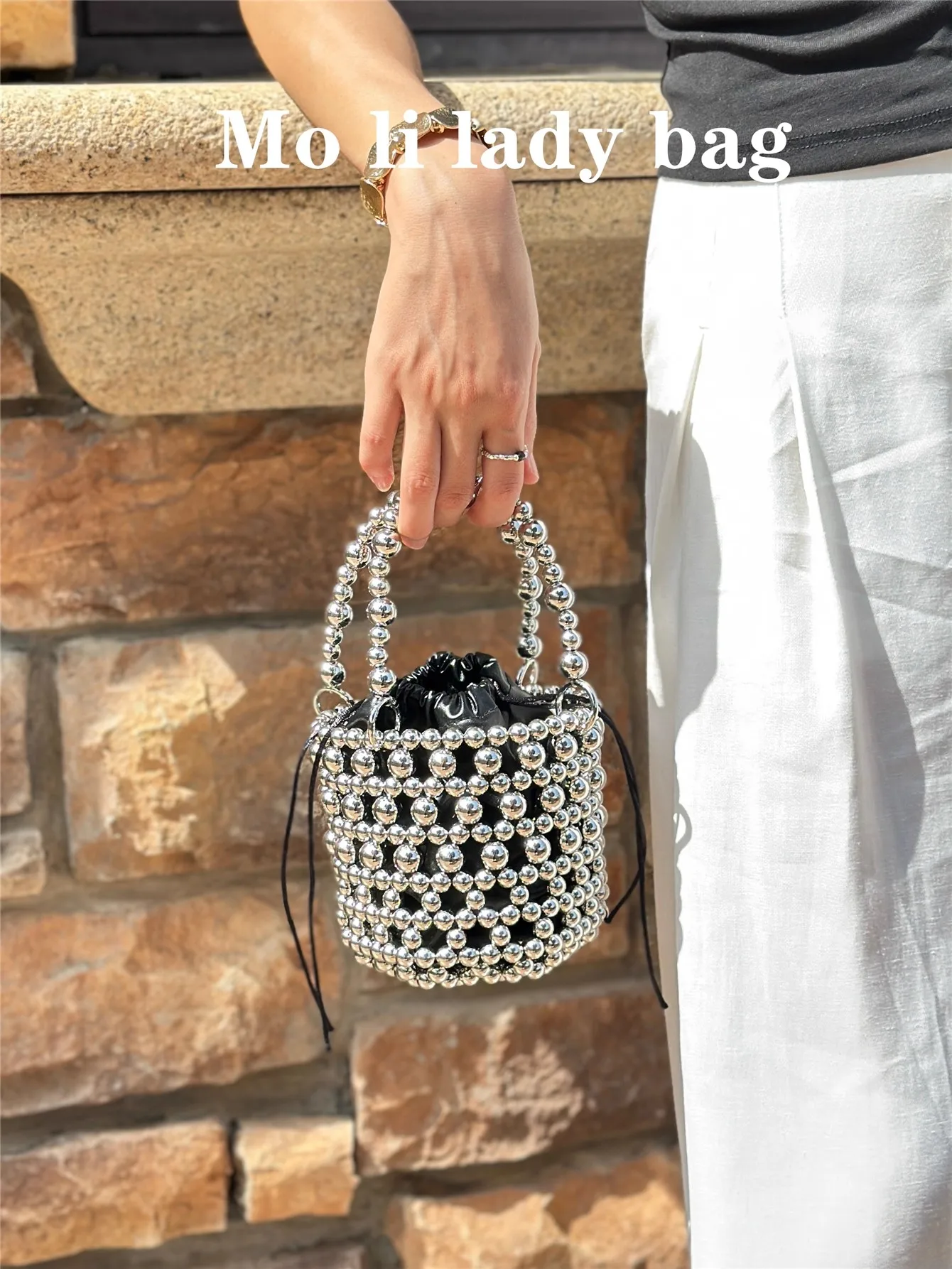 Shiny Silver Beads Beaded Woven Handmade Clutch Purse Fashion HollowOut Beads Beading Women Handbag Luxury Exquisite Banquet Bag