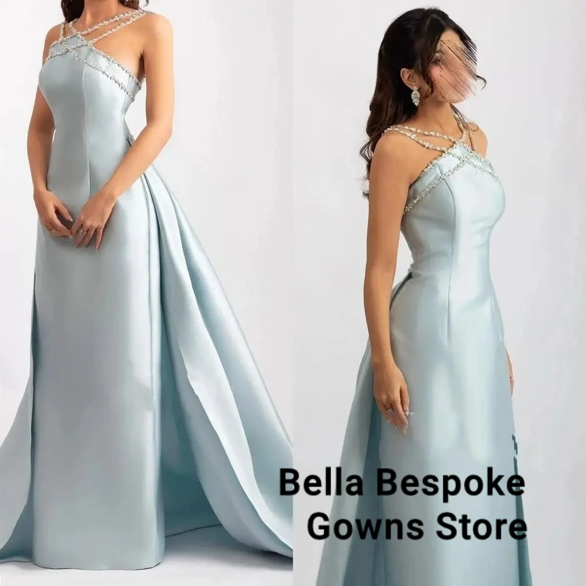

Light Blue Prom Dress Shiny Beading Halter Party Dresses Stain Sleeveless Celebrity Gowns with Detachable Tail Customized