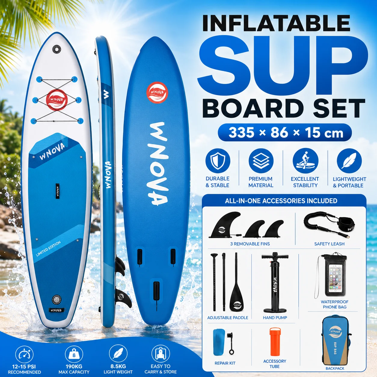 WNOVA Inflatable Stand Up Paddle Board 335x86x15cm SUP Board 190kg Capacity 12-15PSI Lightweight Surfboard for Adults Youth with Adjustable Paddle 3 Removable Fins Safety Leash Hand Pump Backpack Waterproof Phone Bag Repair Kit All-in-One Water Sport Kit
