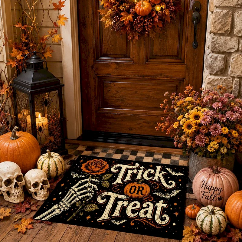 VIKAMA Halloween Skeleton Hand Rose Printed Carpet Entrance Non slip Mat Horror Gothic Style Carpet Home Decoration