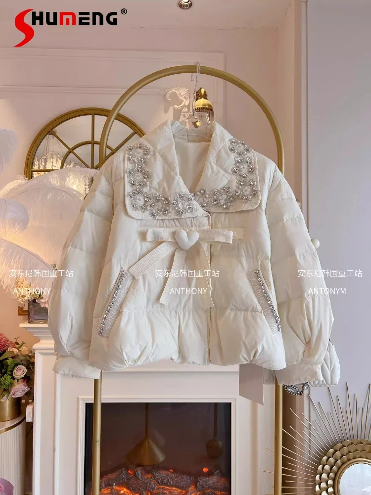 

Women's 2024 Winter New Thickened Down Jackets Women's Diamond Lapel Loose Bread Jacket Feminine Long Sleeve Chic Padded Jackets