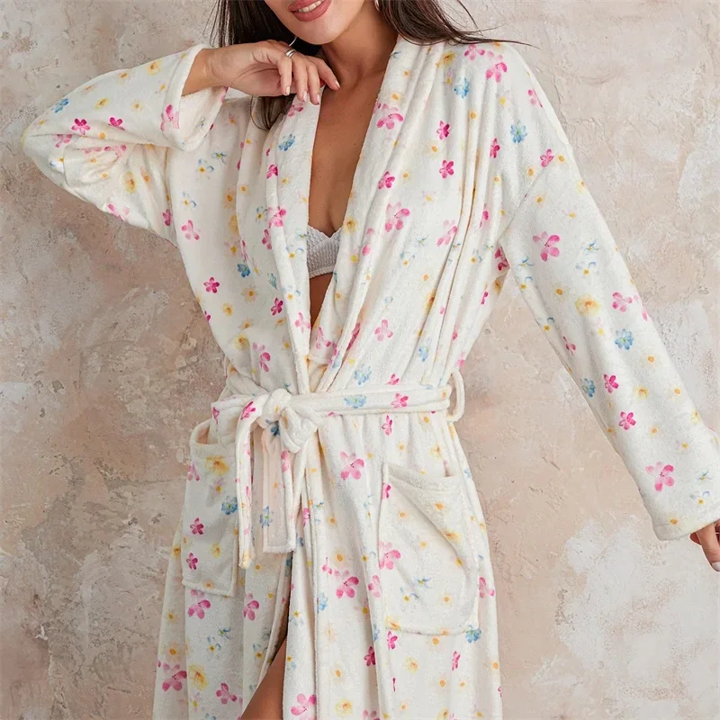 Túnica de flanela feminina com cinto, roupa de dormir, estampa floral, roupão de gola xale, quimono, pijama quente, roupas de inverno