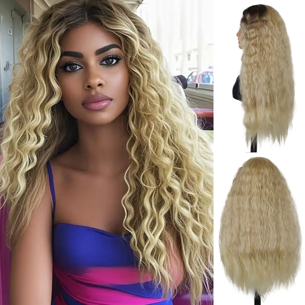 

28-дюймовый синтетический парик Супер длинные вьющиеся парики для женщин Светлый парик с черными корнями Линия волос Искусственные волосы на голове Пушистые свободные парики