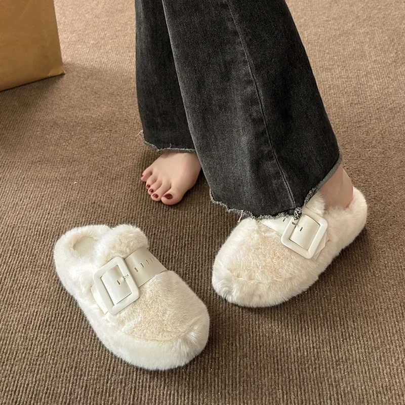 Curly Wool Fur Slippers Women Winter Shoes Ladies Fleeces Sandalias Warm Plush Slides Belt Buckle Fluffy Mules Female Pantuflas