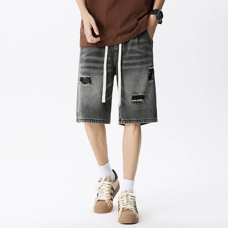جينز رجالي قصير ممزق من الدنيم ، ملابس الشارع الرجعية ، الأزرق ، الرمادي ، مطاطي ، مستقيم ، فضفاض ، عصري ، كاجوال ، صيفي #5