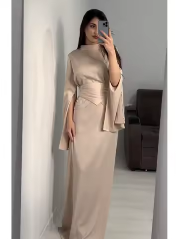 Elegant Lady Long Satin Dress Half High Collar Flare Sleeves Party Bodycon Dress Streetwear Solid Slim Evening Dresses For Women