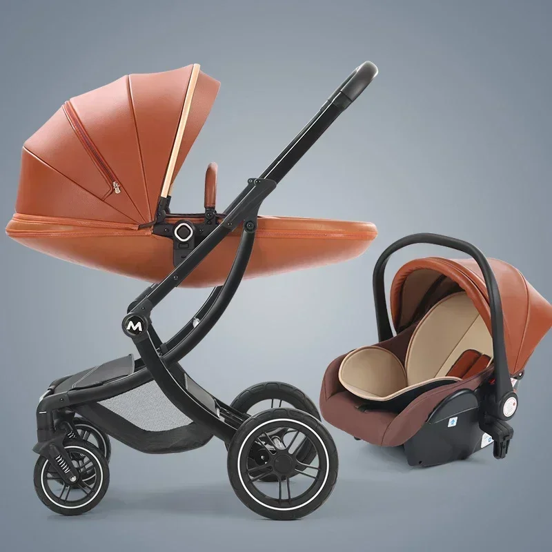 Baby Stroller 3in1,Luxury Baby Carriage with Car Seat,Eggshell Newborn Stroller Leather High Landscape PU leather