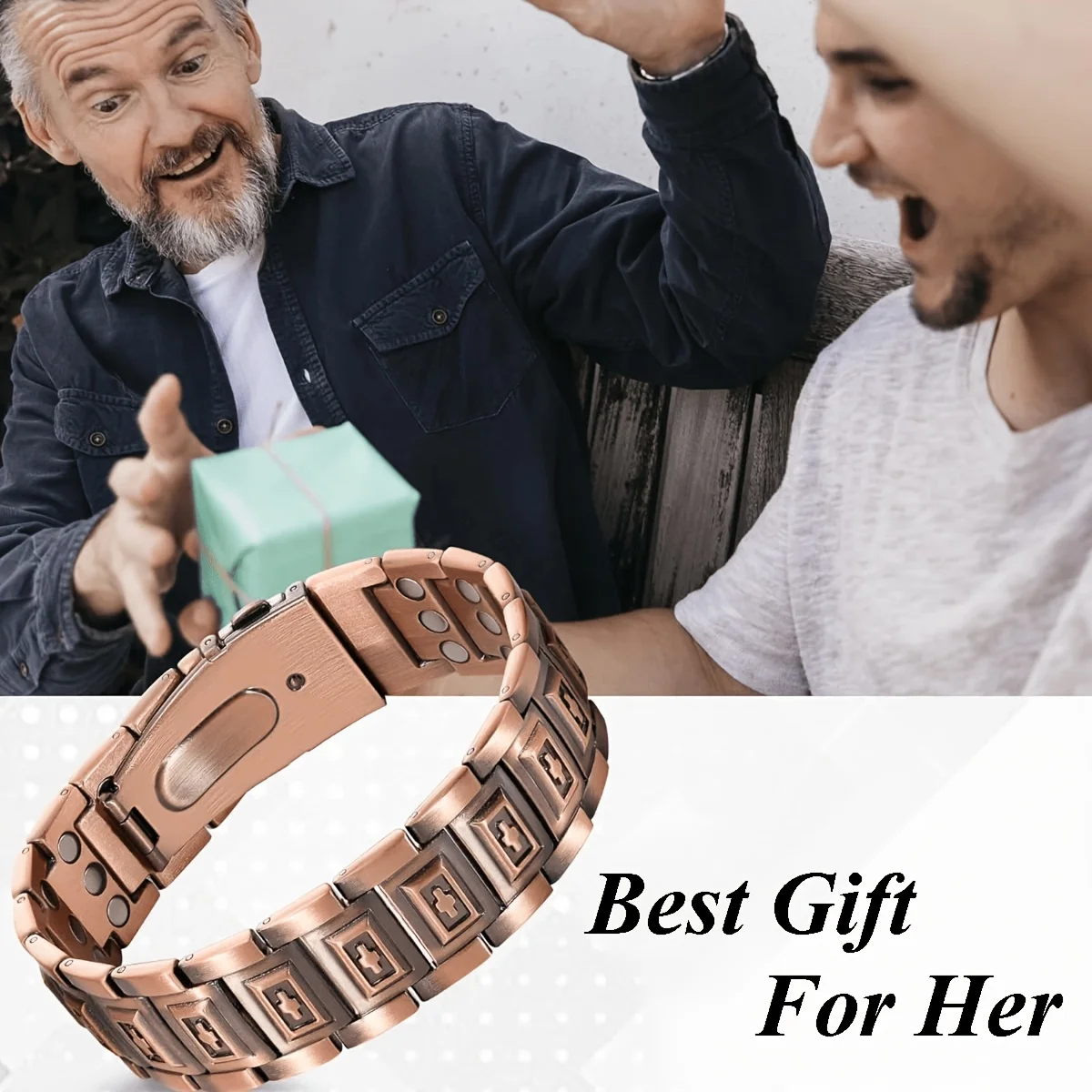 High-end antique bronze pure copper magnet men's bracelet, cross embossed copper strap, free strap remover included