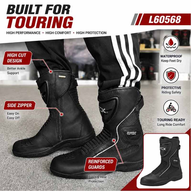 Motorcycle Touring Boots Leather High Cut Riding Shoes Moto Boots for Men Four Season Adventure Travel