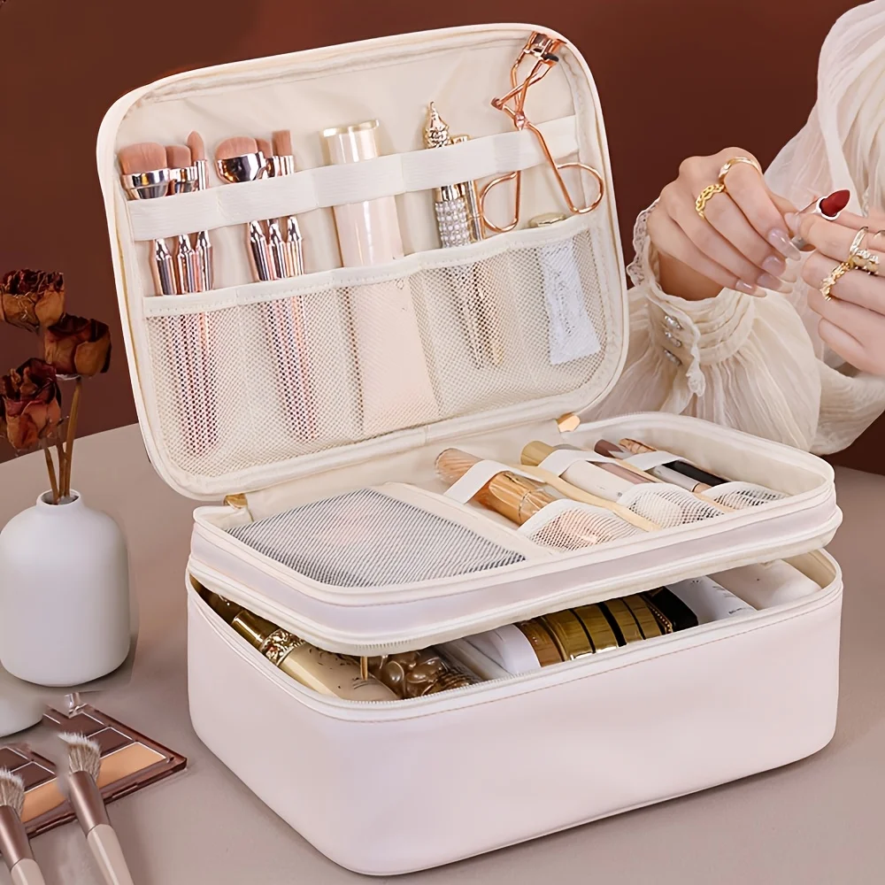 High Luxury Cosmetic Bag New Large Double Layered Large Capacity Portable Makeup Storage Bag Handheld Makeup Box Travel Case