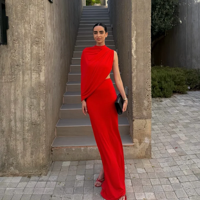 Chic Bold Red Asymmetrical Maxi Dress Elegant Eye-catching Draped Open Back Bodycon Women Dresses Party Modest Retro Streetwear
