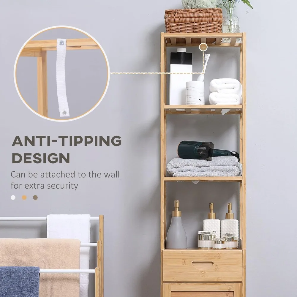 

Tall Bathroom Cabinet with Drawer and Slatted Shelves, Slim Bamboo Linen Tower with Louvered Door, Natural, Customized