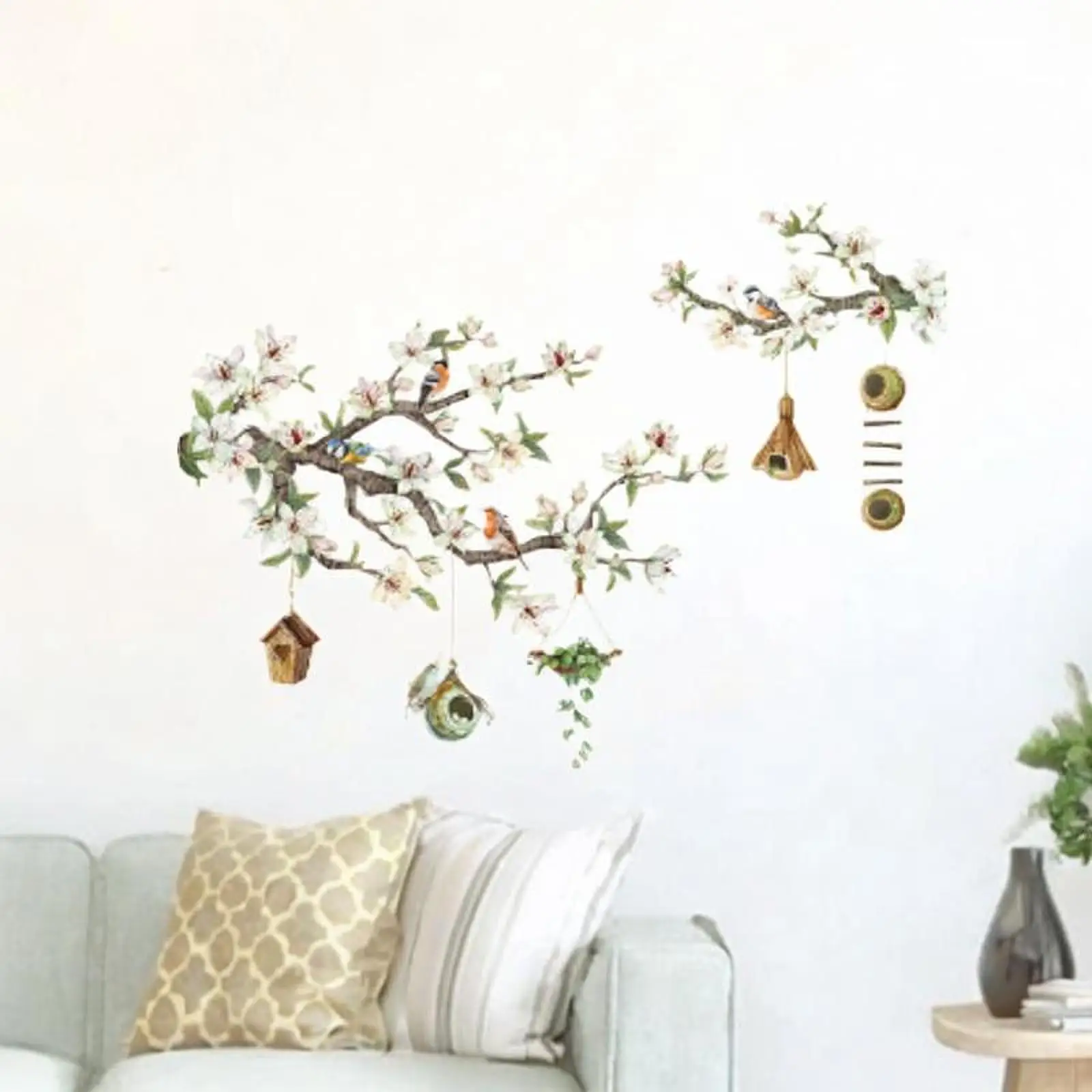 Wall Decal Birds Flower Branches DIY Waterproof Removable Decor Wall Sticker for Home Door Kitchen TV Background