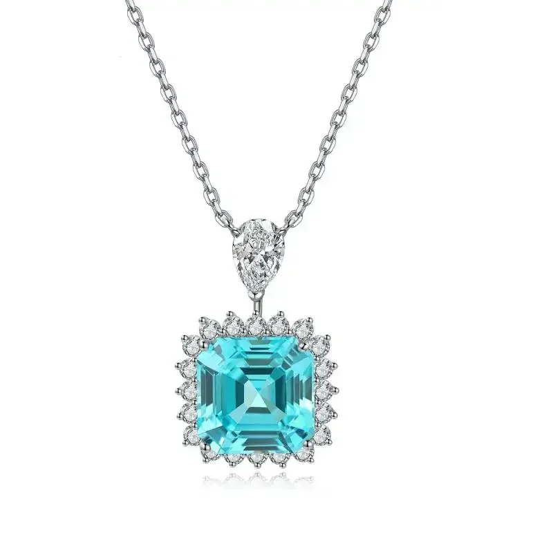 Pirmiana 2023 Hot Sale 5.5ct S925 Silver Asscher Cut Lab Grown Paraiba Sapphire Necklace Engagement Women