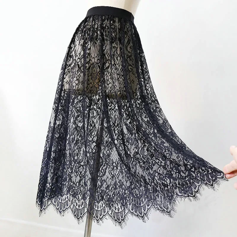 Women Sexy Mesh Lace Transparent Long Tulle Skirt Korean Fashion Summer Ladies Elastic High Waist Black White Beach Midi Skirt