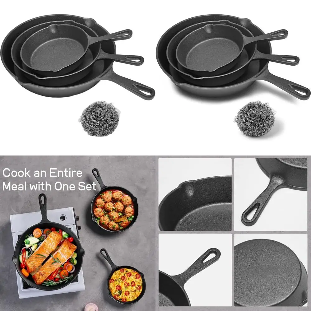

Набор из трех прочных чугунных сковород – универсальные посуды для приготовления пищи на плите, в духовке, на гриле и приготовлениях на открытом воздухе, простые в использовании и чистке, черные