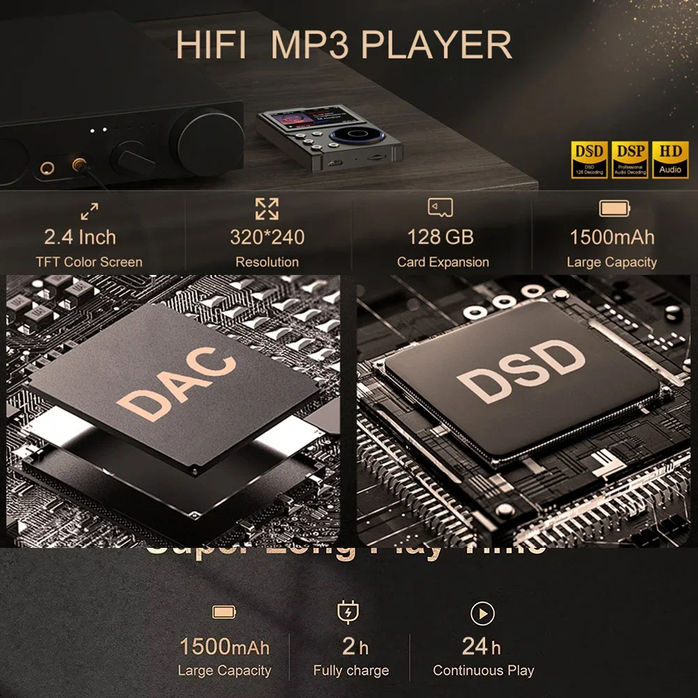 워크맨용 HiFi MP3 플레이어, 무손실 DSD 고화질 휴대용 디지털 오디오 음악 플레이어, 최대 128GB 지원, 64GB, 2.4 인치