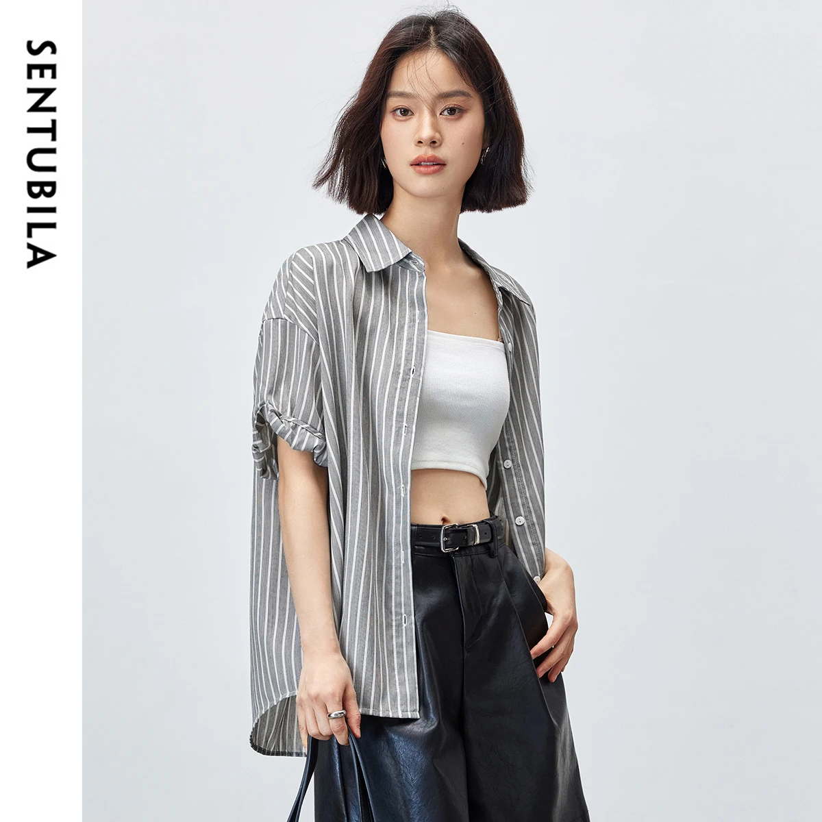 

SENTUBILA Polo Collar Striped Shirt Women's Summer Shirt Loose Button Up Commute Short Sleeve Blouses Womens Tops 142C54232