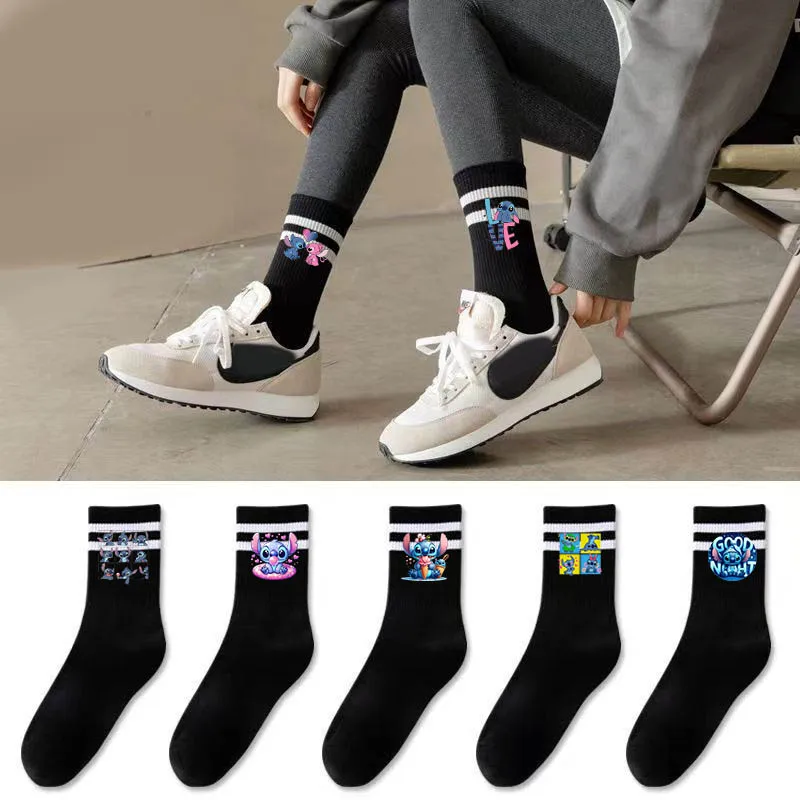 

Disney Lilo & Stitch Women's Socks Simplicity Parallel Bar Pattern Fashion Breathable Cute High Quality Women's Mid Length Socks