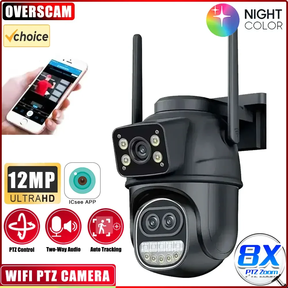 

12MP 6K WIFI Camera 8X Zoom Three Lens WiFi Security 4MP IP Camera Color Night Vision Ai Auto Tracking Surveillance Camera ICSee