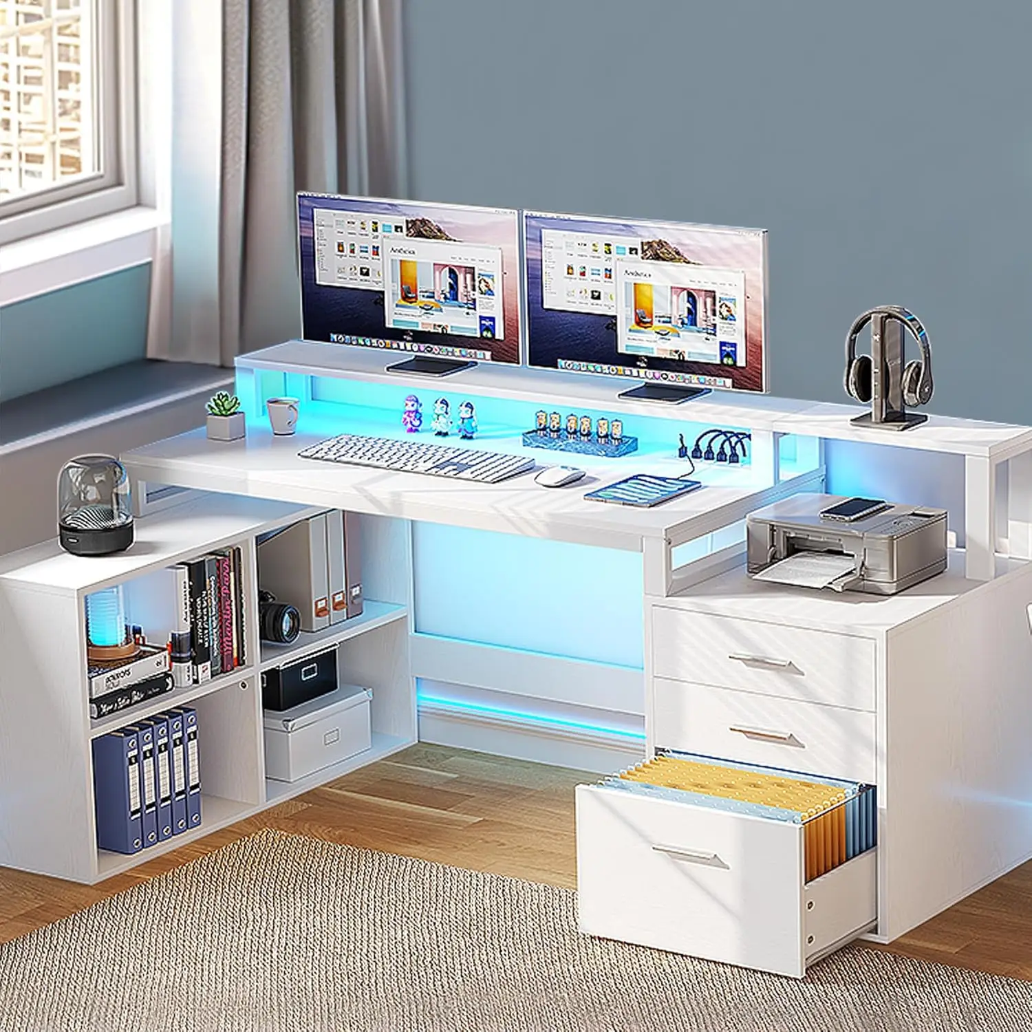 L Shaped Desk with 3 Drawers, 65" Corner Computer Desk with Power Outlets & LED Lights