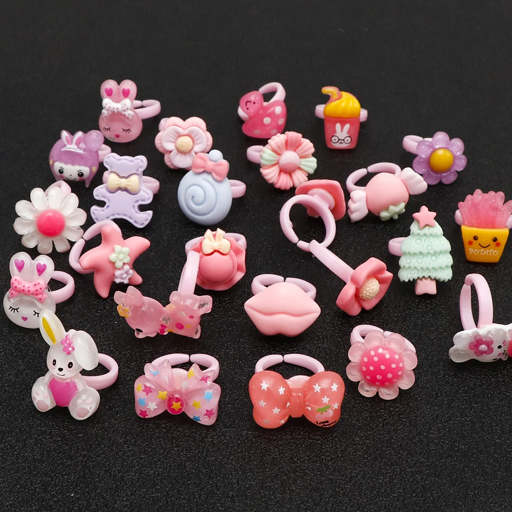 Children's Jewelry Ring Set 10/20 Cute Flower and Animal Style Colorful Princess Ring, Suitable for Girls' Fashion Access