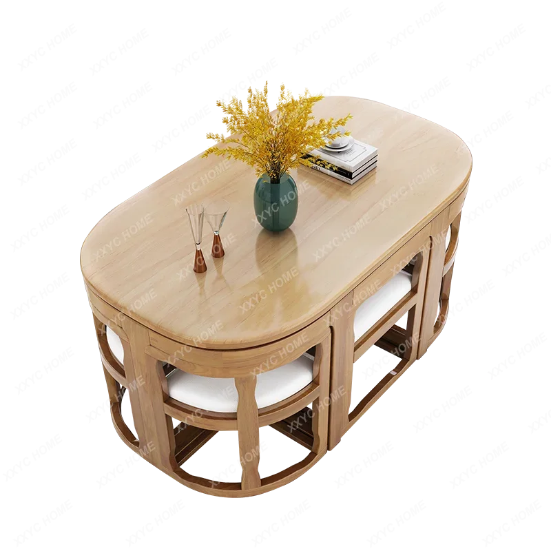 Solid Wood Dining Table and Chair Restaurant Home Invisible Space-Saving Small Apartment Rectangular Dining Table