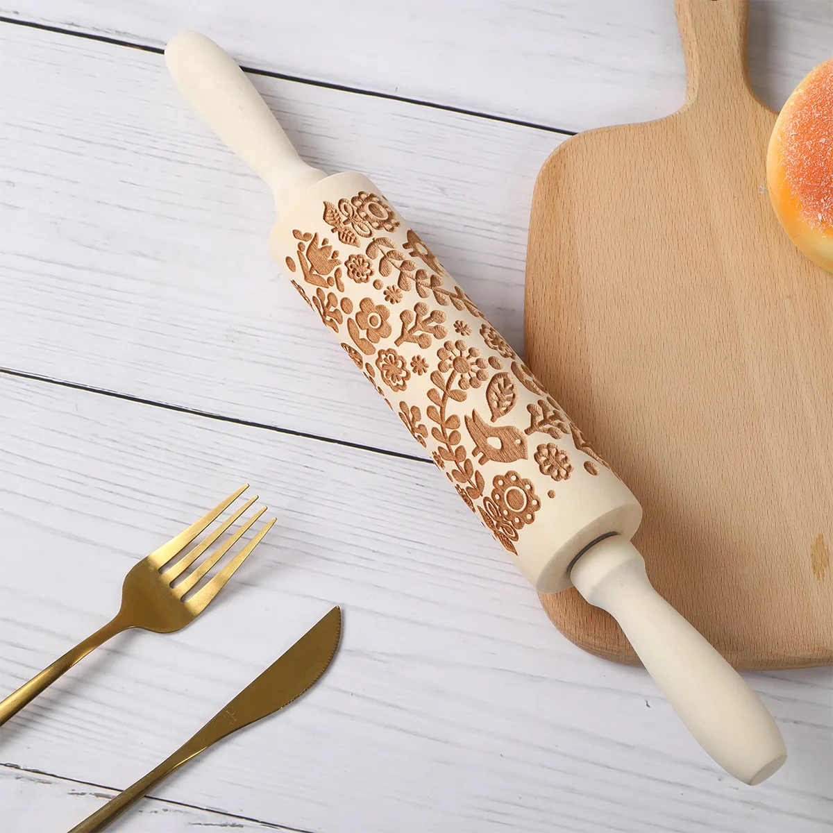 

13,78 дюйма, 1 шт., деревянная тисненая скалка, 3D форма для печенья, инструменты для выпечки, цветок, птица, глубокая гравировка, инструмент для штампа печенья