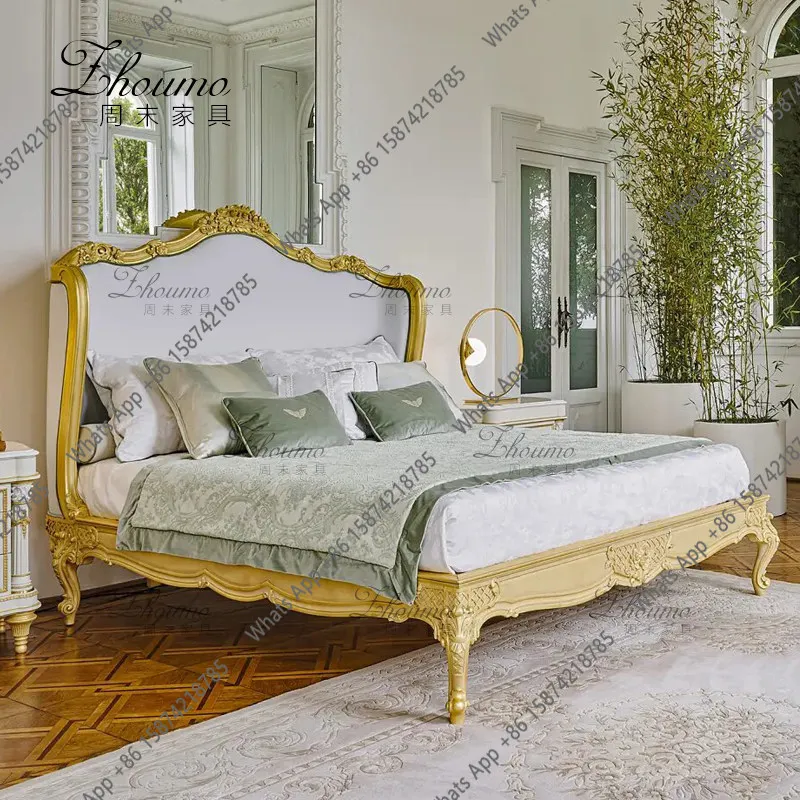Neoclassical wood color carved double bed French light luxury master bedroom handmade fabric solid wood wedding bed