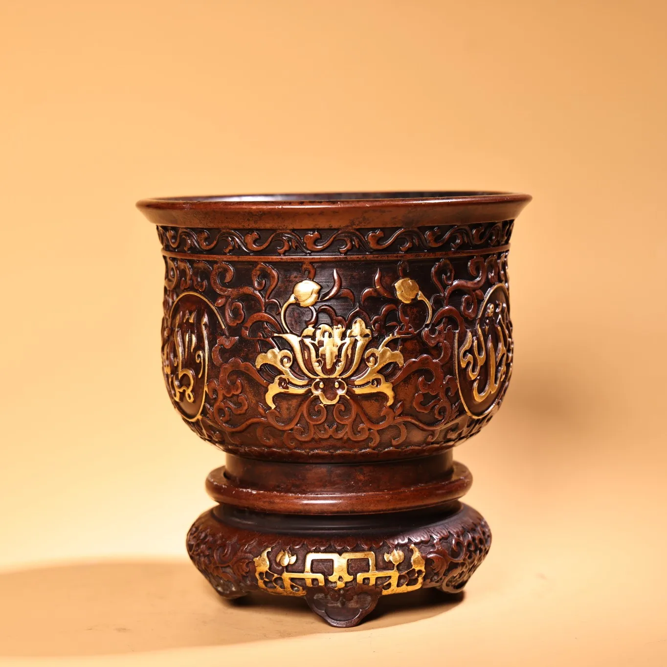 Old Purple Bronze Outline in gold Gilded High relief Flower flame pattern Yuanbao incense burner base Circular incense burner