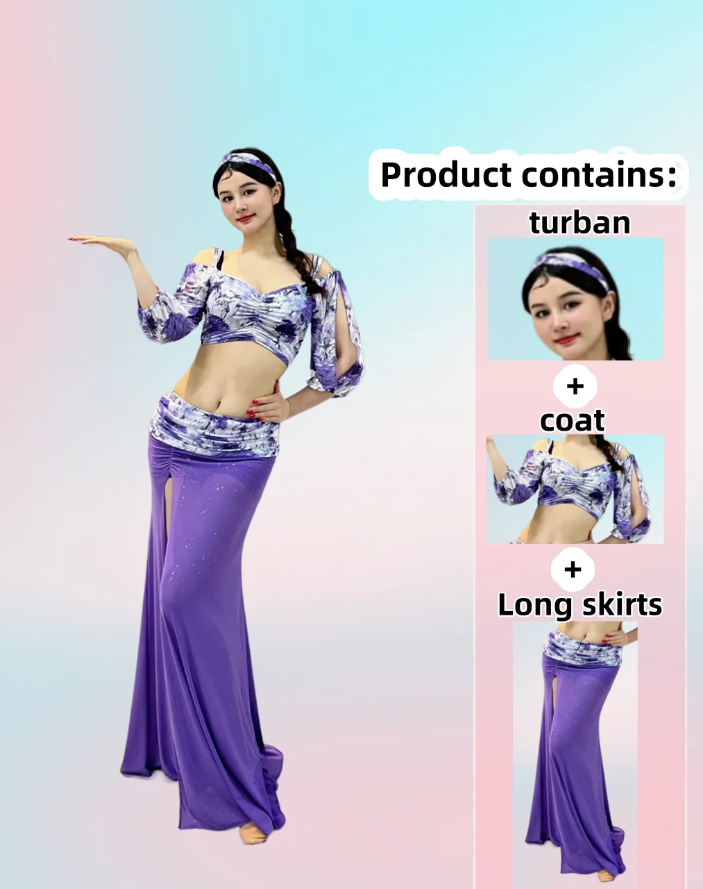 

New Printed Belly Dance Suit Practice Suit Water Yarn Sexy Skinny The Off-The-Shoulder Slit Long Skirt Stage Performance Costume