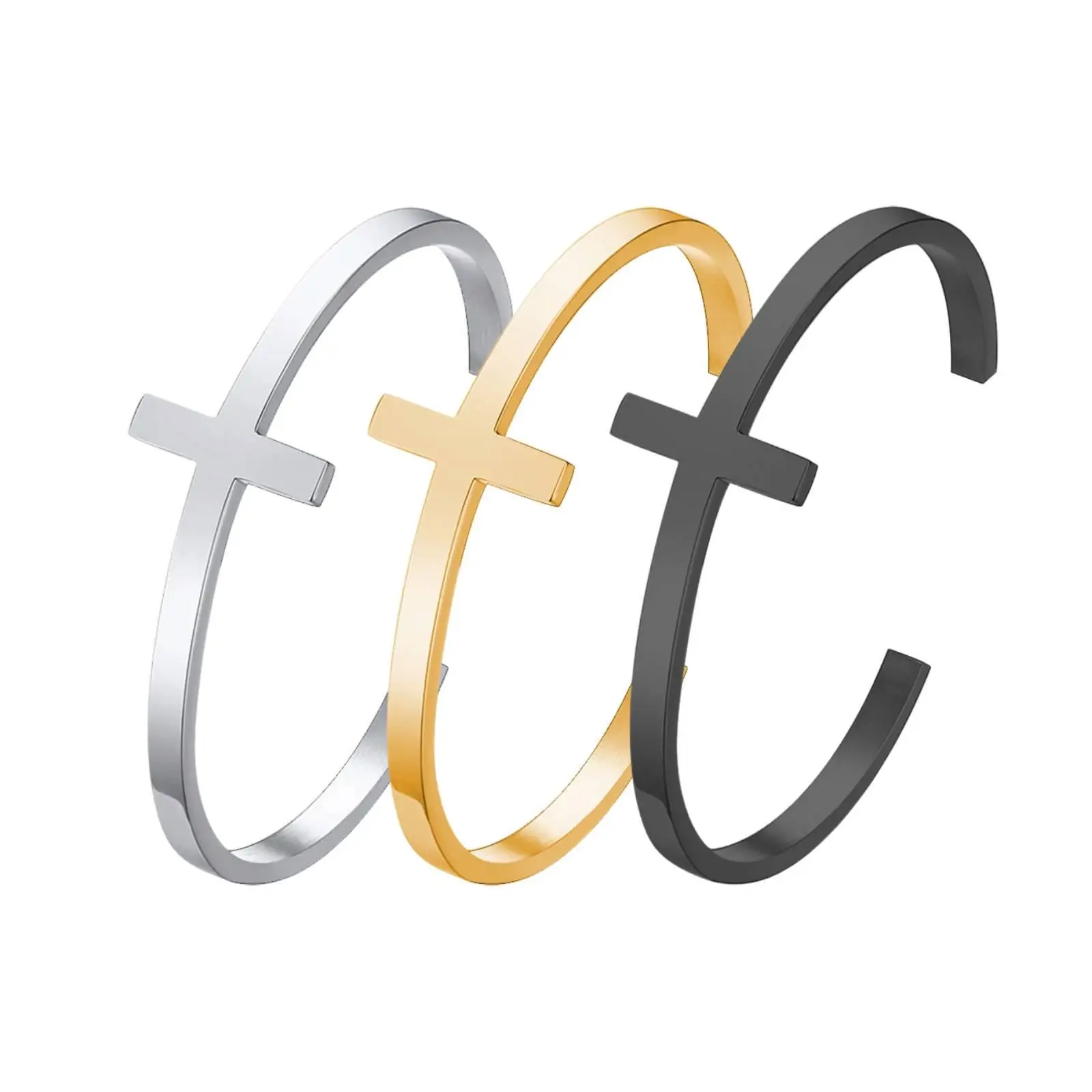 Stainless Steel Cross Open Cuff Bangle Christian Faith Bracelet Jewelry Gift for Men Women